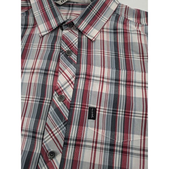 TRAVIS MATHEW Button-Up Men's Size Medium Red‎ Gray White Plaid LS Pocket Shirt - Picture 4 of 10